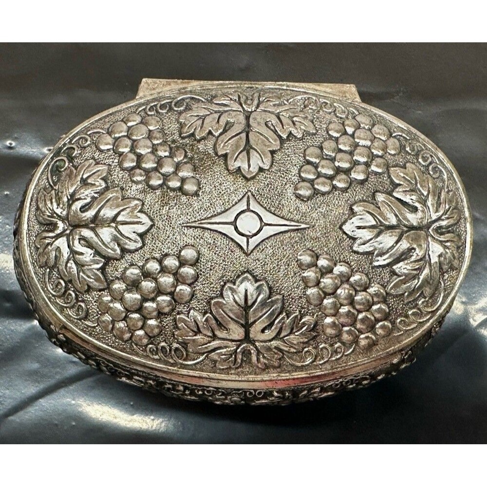 Silver Tone Jewelry Box Grape Relief Red Velvet Lined Vintage Vanity Gift